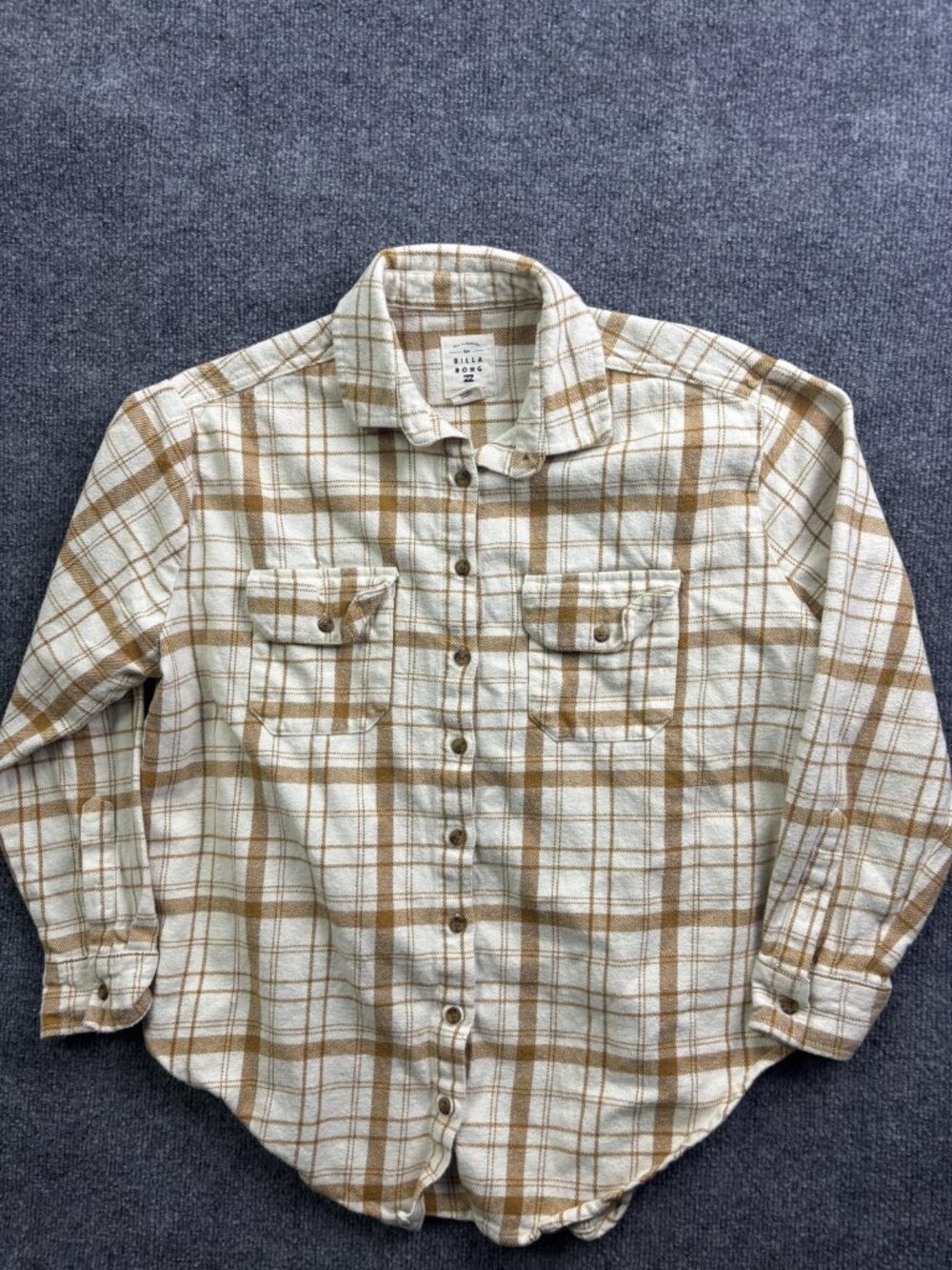 Billabong Shirt Womens Small Beige Plaid Flannel Long Sleeve Button Front Casual